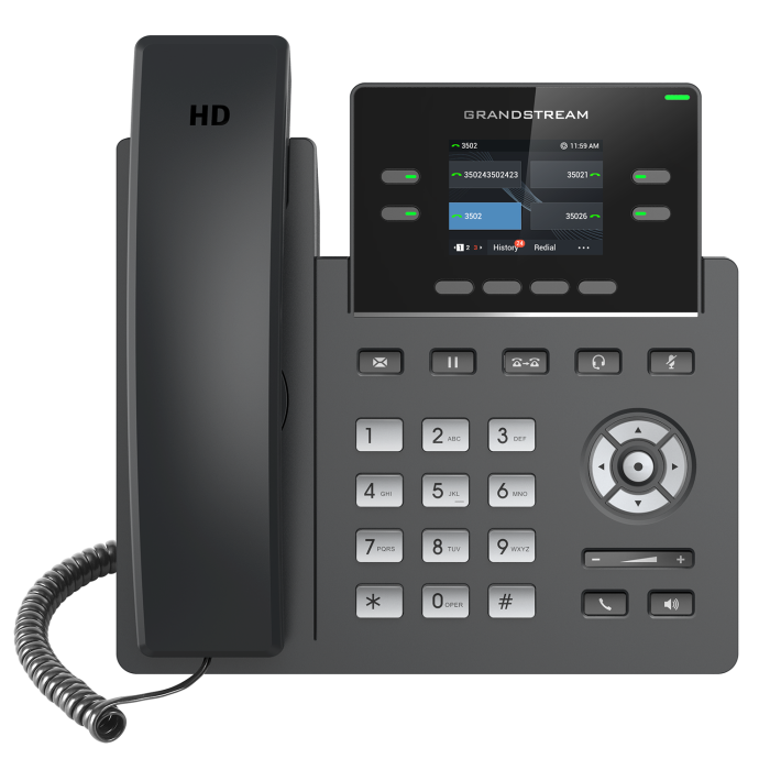 Grandstream GRP2612P, Carrier-Grade IP Phones, 2+2  line keys, 2 SIP accounts, 16 Digital BLF and Speed Dial keys, HD, PoE<br>Protocols/Standards
SIP RFC3261, TCP/IP/UDP, RTP/RTCP, HTTP/HTTPS, ARP, ICMP, DNS(A record, SRV, NAPTR),
DHCP, PPPoE, TELNET, TFT