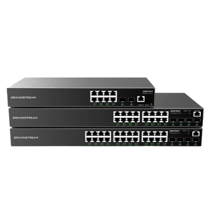 Grandstream GWN7813, Layer 3 Managed Network Switch, 24x GbE RJ45, 4x SFP+, stackable, optional redundant PSU<br>Enterprise Managed Layer 3 Network Switch

The GWN7810 series are Layer 3 managed network switches that enable medium and large companies to b