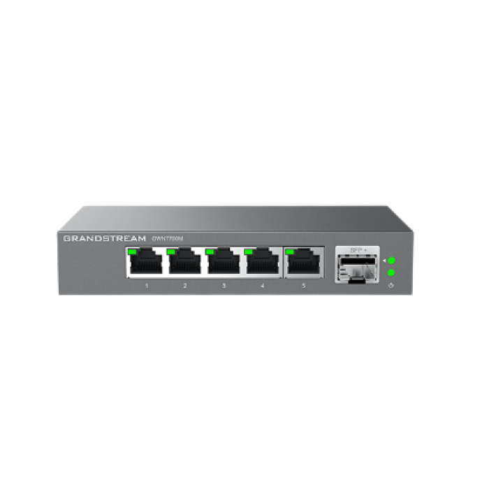 Grandstream GWN7700M, Unmanaged 2.5G Multi-Gigabit Network Switch, 5x 2,5GbE RJ45, 1x SFP+,  metal case, 12V/1A PSU<br>The GWN7700M series includes unmanaged multi-gigabit network switches for home offices and small companies. They provide an Internet con