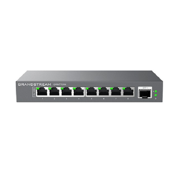 Grandstream GWN7701M, Unmanaged Network Switches, 8-ports 2.5  Gigabit Ethernet, 1 SFP+ port, Desktop, wall-mount<br>The GWN7700M series are unmanaged multi—gigabit network switches that provide high-speed network connectivity of up to 2.5 Gbps for home o