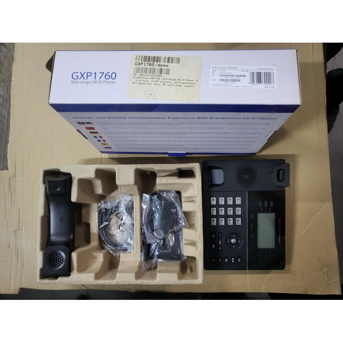 Grandstream GXP1760, Mid Range HD IP Phone, 6  line keys, 3 SIP accounts, 24 Programmable BLF/speed dial keys, HD (with power supply)<br>The GXP1760 is a mid-range IP phone with a sleek new design and a mid-range call feature set. It supports 6 lines, 3 S