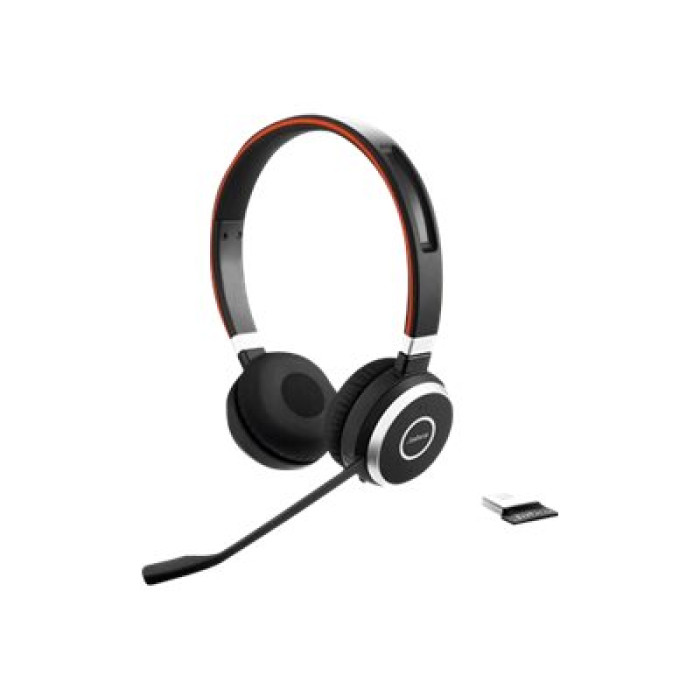 Jabra Evolve 65 TE, Link 390a MS Stereo<br>Jabra Evolve 65 TE, Link 390a MS Stereo
Headband; connection to a PC via Bluetooth-USB adapter Jabra Link 390 USB-A; answer and sound control buttons on the headset; busy indicator; microphone rod fits into the g