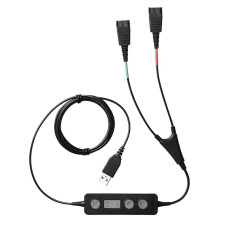 Jabra Link 265<br>The Jabra Link 265 USB/QD Y training Cable allows you to connect two Jabra Quick Disconnect (QD) headsets to one PC, so supervisors can either stay mute or join the conversation.

Y-cord

USB
to 2xQD,

Control module and mute
on the cord