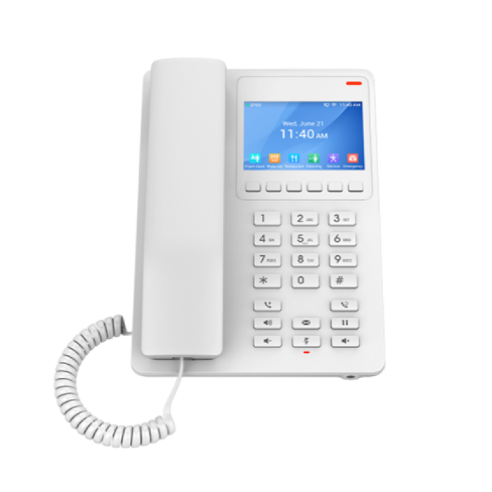 Grandstream GHP630, Compact Hotel IP Phone, 2 SIP accounts, 2 lines, 1x Ethernet 10/100 PoE, 480x320 (3.5') Color LCD, no PSU, White<br>Protocols/standards
SIP: SIP RFC3261, TCP/IP/UDP, RTP/RTCP, RTCP-XR, TLS, SRTP
Network: IPv4, IPv6, HTTP/HTTPS, AR