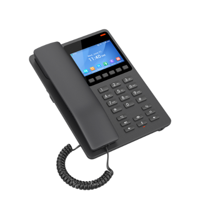Grandstream GHP631, Compact Hotel IP Phone, 2 SIP accounts, 2 lines, 1x Ethernet 10/100 PoE, 480x320 (3.5') Color LCD, no PSU, Black<br>Protocols/standards
SIP: SIP RFC3261, TCP/IP/UDP, RTP/RTCP, RTCP-XR, TLS, SRTP
Network: IPv4, IPv6, HTTP/HTTPS, AR