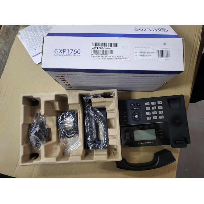 Grandstream GXP1760, Mid Range HD IP Phone, 6  line keys, 3 SIP accounts, 24 Programmable BLF/speed dial keys, HD (with power supply)<br>The GXP1760 is a mid-range IP phone with a sleek new design and a mid-range call feature set. It supports 6 lines, 3 S