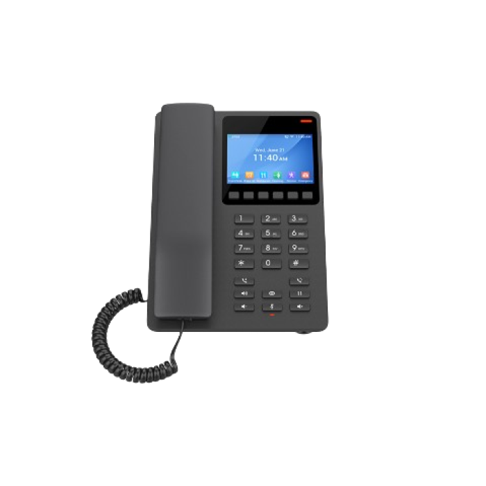 Grandstream GHP631, Compact Hotel IP Phone, 2 SIP accounts, 2 lines, 1x Ethernet 10/100 PoE, 480x320 (3.5') Color LCD, no PSU, Black<br>Protocols/standards
SIP: SIP RFC3261, TCP/IP/UDP, RTP/RTCP, RTCP-XR, TLS, SRTP
Network: IPv4, IPv6, HTTP/HTTPS, AR