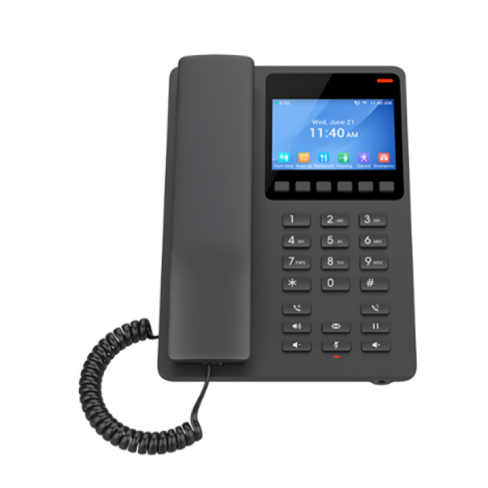 Grandstream GHP631, Compact Hotel IP Phone, 2 SIP accounts, 2 lines, 1x Ethernet 10/100 PoE, 480x320 (3.5') Color LCD, no PSU, Black<br>Protocols/standards
SIP: SIP RFC3261, TCP/IP/UDP, RTP/RTCP, RTCP-XR, TLS, SRTP
Network: IPv4, IPv6, HTTP/HTTPS, AR