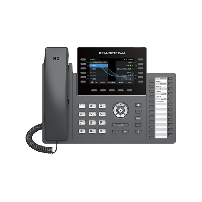 Grandstream GRP2636, Professional P Phone, 16 SIP accounts, 12 lines, 2x GbE PoE, Wi-Fi, 480x272 (4.3') color LCD, 24 paper BLF keys, 12V/1A PSU<br>Protocols/standards
SIP RFC3261, TCP/IP/UDP, RTP/RTCP, HTTP/HTTPS, ARP, ICMP, DNS (record A, SRV,
NAPT