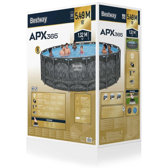 Бассейн каркасный Bestway APX 365 ( 561KC) 5.49m x 1.32m Round Pool Set. 1 бассейн, песчаный фильтр-насос 220-240V, лестница, покровный тент, полисферы, 549x549x132 см