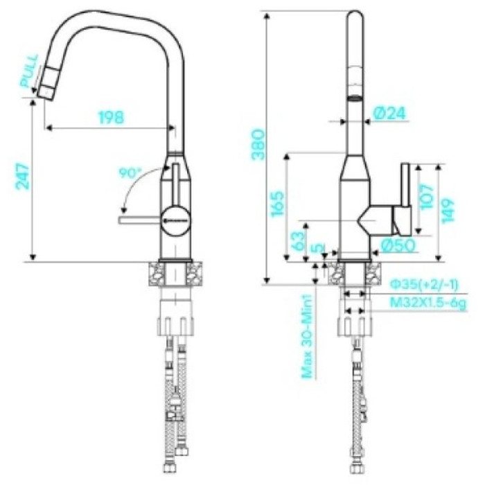 Смеситель для кухни (мойки) KuchenStern 411SS40, однозахватный