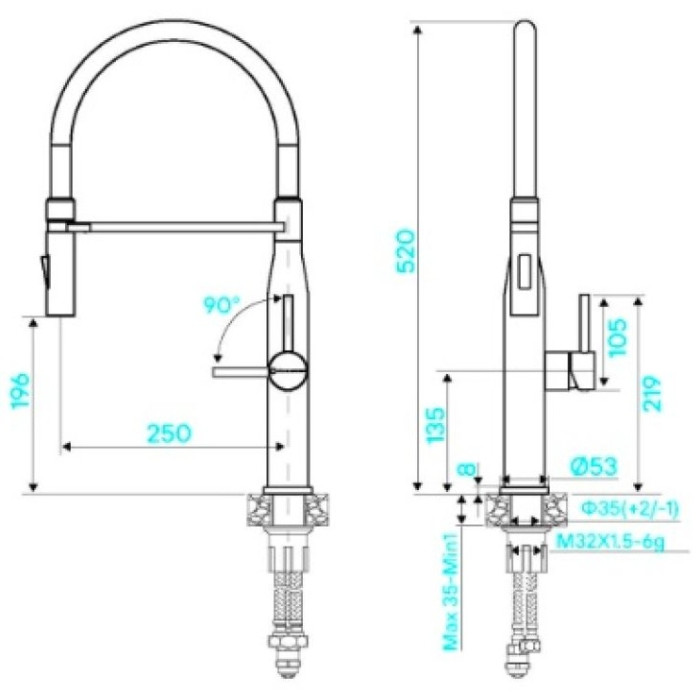 Смеситель для кухни (мойки) KuchenStern 406SS40, однозахватный