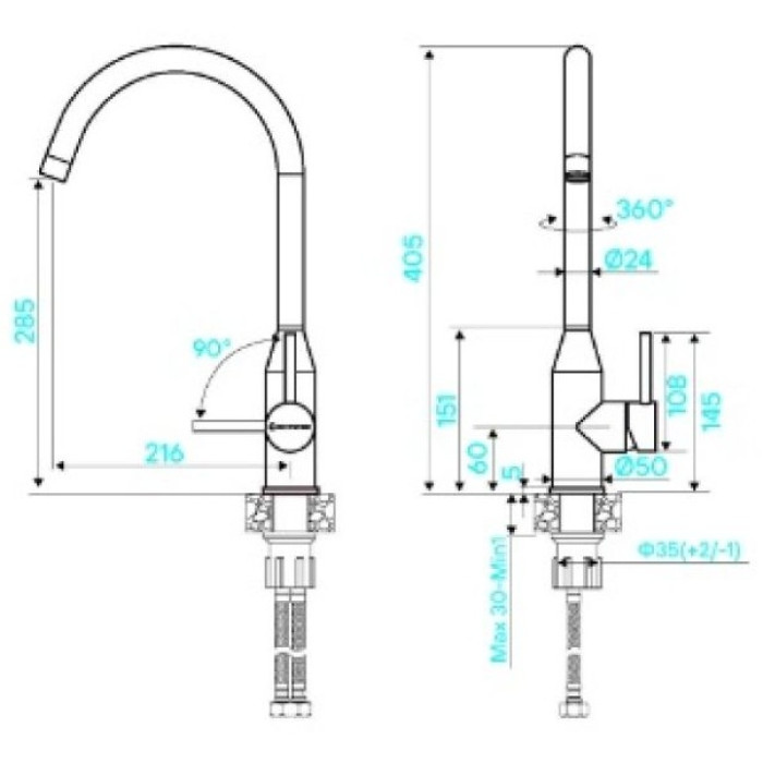 Смеситель для кухни (мойки) KuchenStern 408SS40, однозахватный