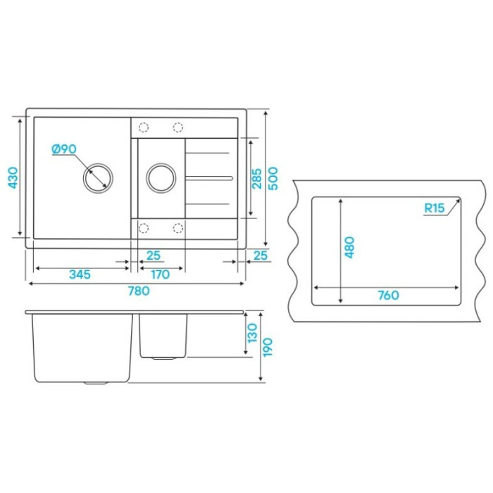 KuchenStern FLUG 60-2 накладная 50х78х19 см, искусственный гранит, тон черный