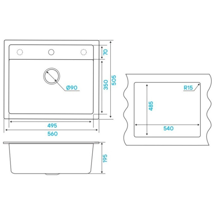 KuchenStern TOP 60 Ku-Granit накладная 50.5х56х19.5 см, искусственный гранит, тон черный