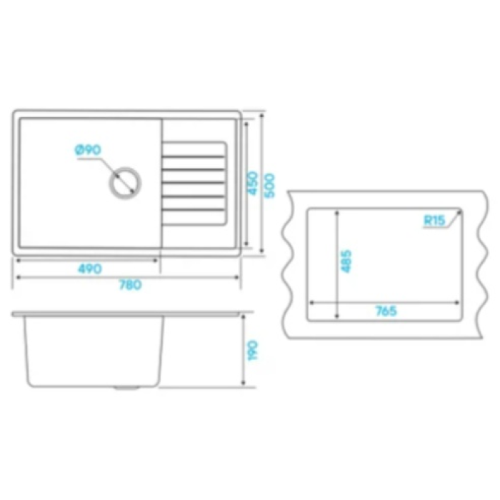 KuchenStern FLUG 60 Ku-Granit антрацит 109AN10 (KS-800029) врезная 48.5х76.5х19 см, искусственный камень, тон антрацит