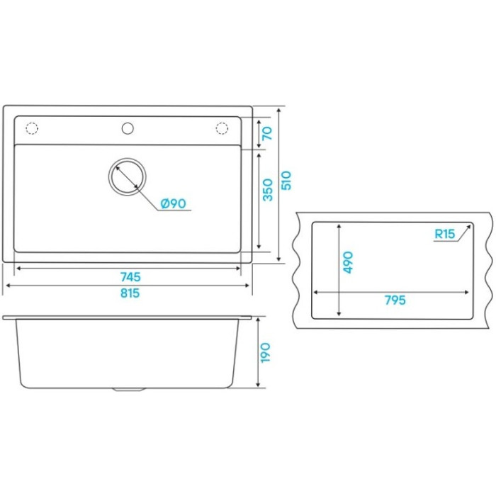 KuchenStern TOP 80 Ku-Granit накладная 81.5х51х19 см, гранит, тон титан