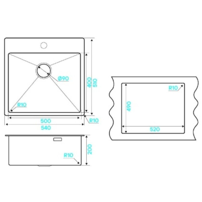 KuchenStern WERK 60 AISI 304/R10 нержавеющая сталь 507SS50 (KS-800182) врезная 54х51х20 см, нержавеющая сталь, тон серый металлик