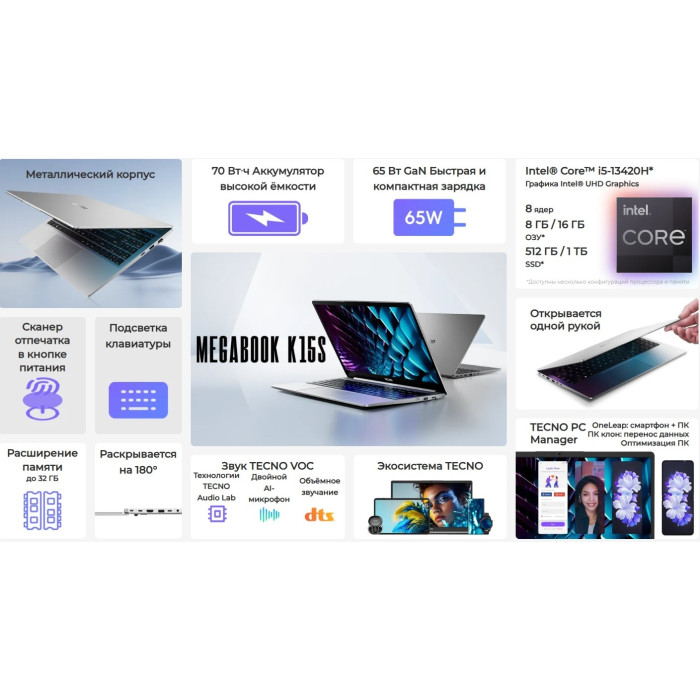 TECNO Megabook K15S RA 15.6' / 16 Гб / M.2 1000 Гб / Win 11 Home / 71003300513