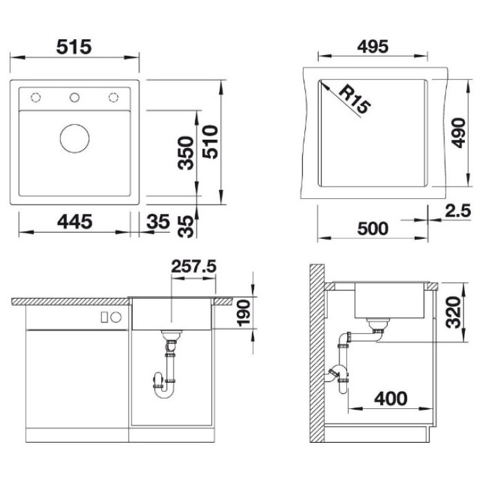 Кухонная мойка Blanco Dalago 5 51.5х51х19 см, искусственный камень, тон темная скала