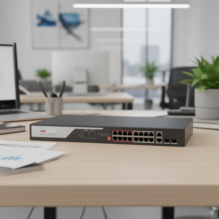 Switch 16+2 port 10/100M Hikvision DS-3E0318P-E(C), 16xPoE, 2xRJ45 GE Uplink, 2xSFP, rack