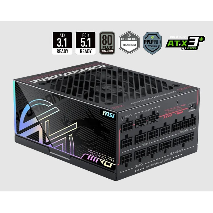Блок питания MSI 1300W, MPG Ai1300TS PCIE5, Full Modular, ATX, 80+ TITANIUM, >94%, Fan 135mm, Черный