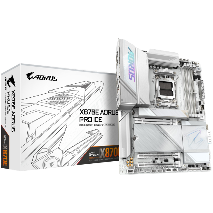 Сист.плата Gigabyte X870E AORUS PRO ICE, AM5, 4xDDR5, PCI-E5 x16, 3xM.2, SATA6, HDMI, DPx3, Wi-Fi6E, LAN2.5GbE, BOX<br>331487