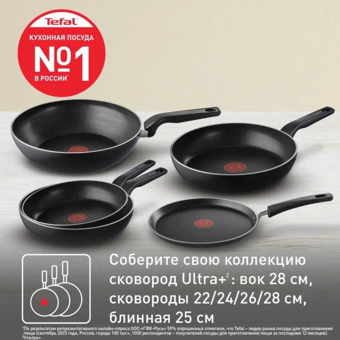 Сковорода Tefal Ultra+ 26 см с антипригарным покрытием, алюминий