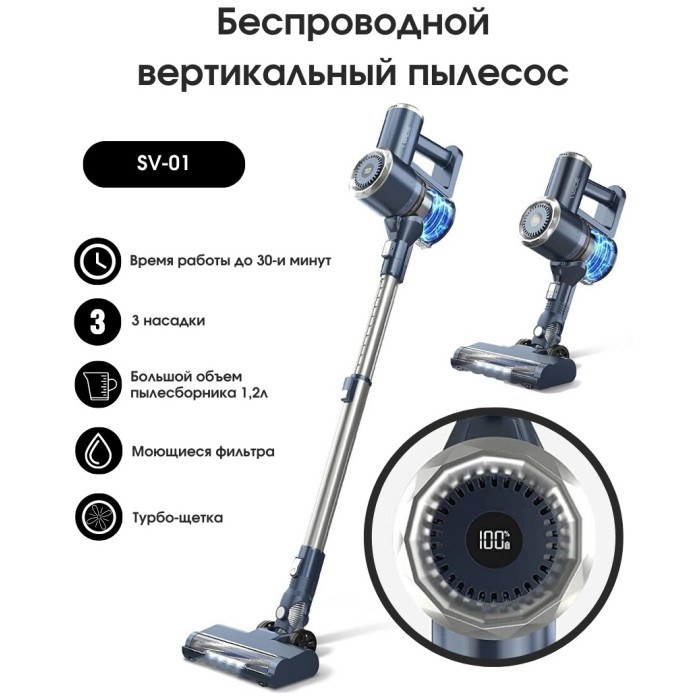 Вертикальный пылесос WADE SV-01, Blue (SV-01 Blue), 150 Вт, 1200 л, 30 мин, подсветка