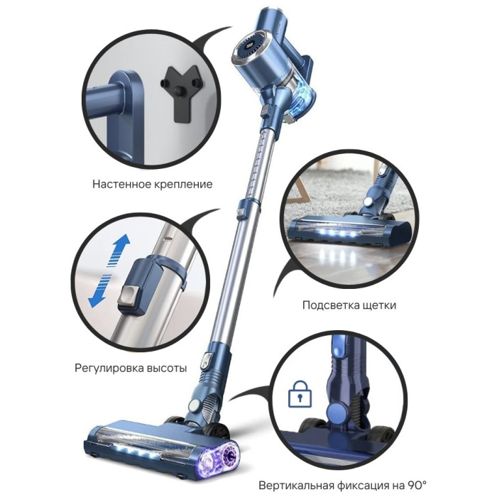 Вертикальный пылесос WADE SV-01, Blue (SV-01 Blue), 150 Вт, 1200 л, 30 мин, подсветка