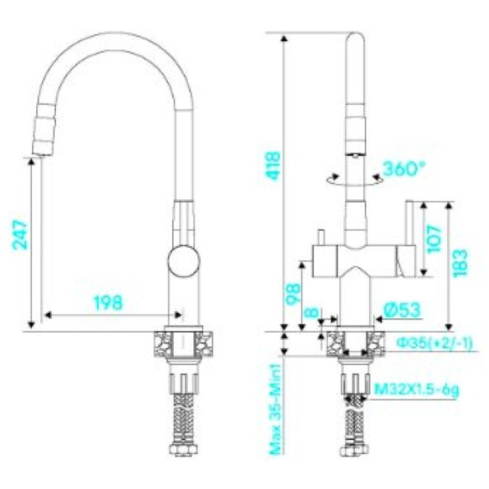 Смеситель KuchenStern FLEX-FE нержавеющая сталь 413SS40, нержавеющая сталь, цвет стальной, черный
