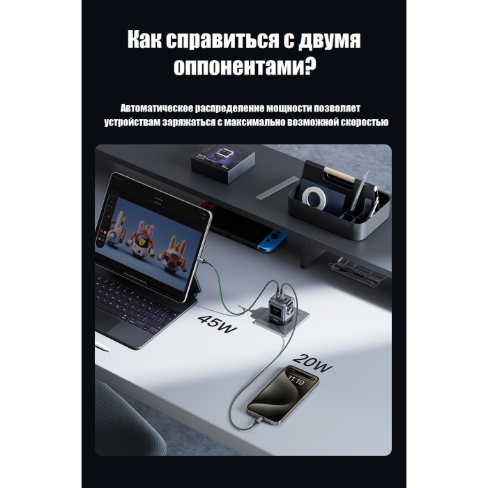 Ugreen Nexode Robot 65W GaN CD361 (25685B) USB Type-C, USB 65 Вт черный