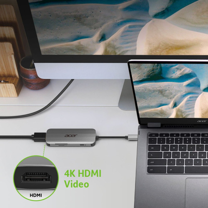 Док-станция Acer 7in1 Type C dongle: 1 x typeC, 1 x HDMI 4K60, 3 x USB3.2, 1 x SD/TF, 1 x PD, Gray