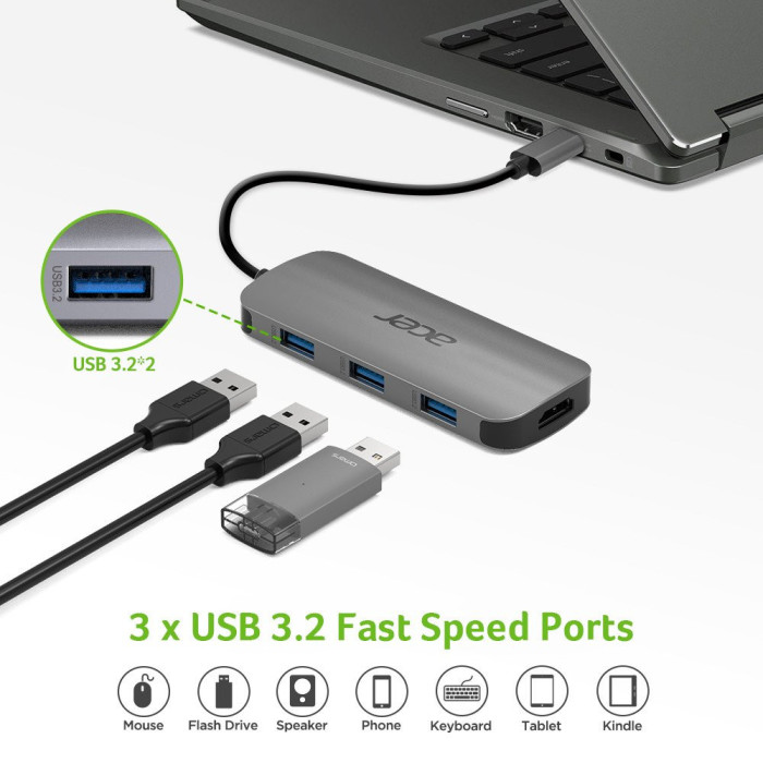 Док-станция Acer 7in1 Type C dongle: 1 x typeC, 1 x HDMI 4K60, 3 x USB3.2, 1 x SD/TF, 1 x PD, Gray