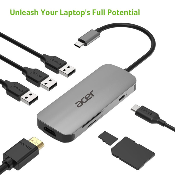 Док-станция Acer 7in1 Type C dongle: 1 x typeC, 1 x HDMI 4K60, 3 x USB3.2, 1 x SD/TF, 1 x PD, Gray