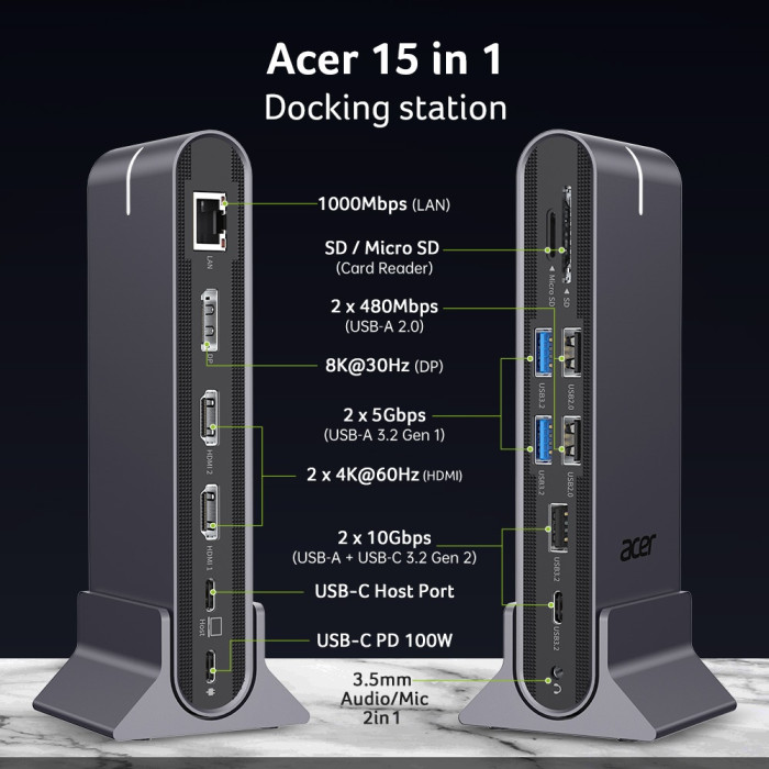 Док-станция Acer Type C Universal docking station 15in1, 2 x HDMI 4K 60Hz, 1 x DP 8k 30Hz,