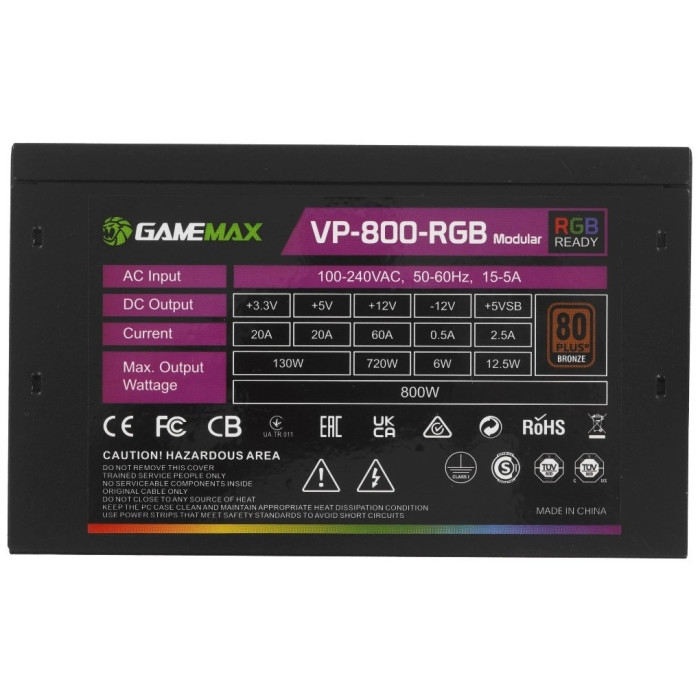 Блок питания Gamemax VP-800-RGB-M, 80+ Bronze