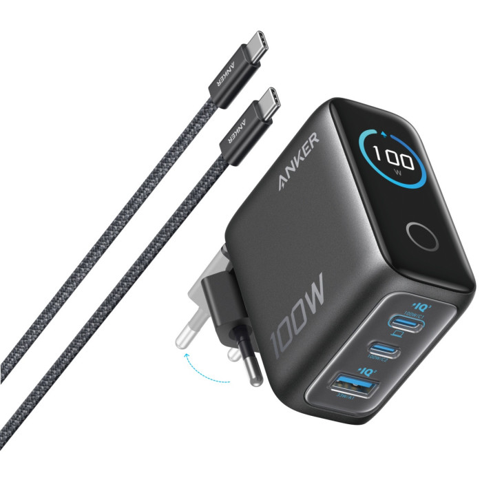 Адаптер питания Anker Prime Charger Smart Display (100W, 3 Ports) (B121BGZ1)