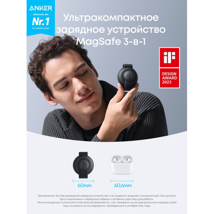 Беспроводное зарядное устройство Anker MagGo (3-in-1, Foldable Pad) (B25M8H11) Черный