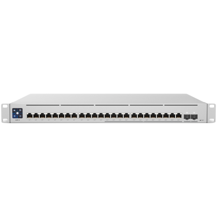 UBIQUITI Enterprise 24 PoE; (12) 2.5 GbE, (12) GbE; all PoE+ ports; (2) 10G SFP+ ports; 400W total PoE availability; DC power backup-ready; Layer 3 switching.<br>