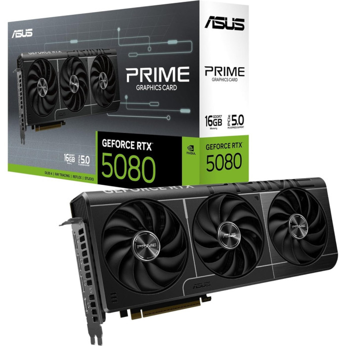 ASUS Video Card NVIDIA RTX 5080 16 GB GDDR7, 2300 MHz / 2685 MHz, 10752sp, 84 RT cores, ray tracing, 256 bit, 2.5 slots, 16-pin power supply (12V-2x6), HDMI, DisplayPort