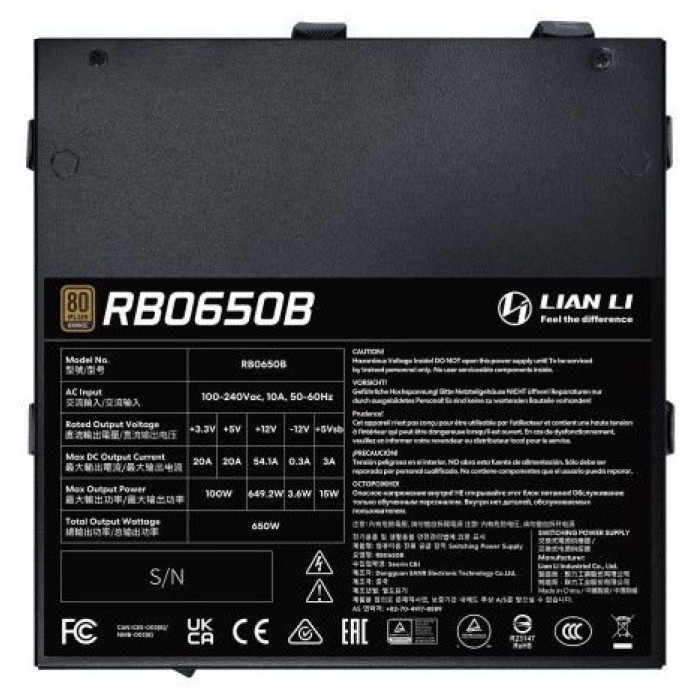 Блок питания Lian Li 650W, RB650B, Non Modular, 80+ BRONZE, КПД 85%, Черный, G9P.RB0650B.B000.EU