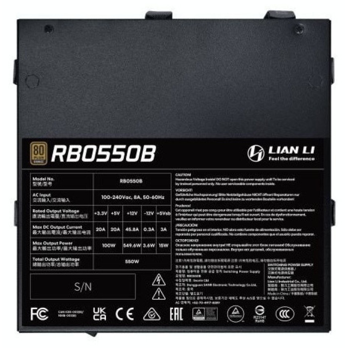 Блок питания Lian Li 550W, RB550B, Non Modular, 80+ BRONZE, КПД 85%, Черный, G9P.RB0550B.B000.EU