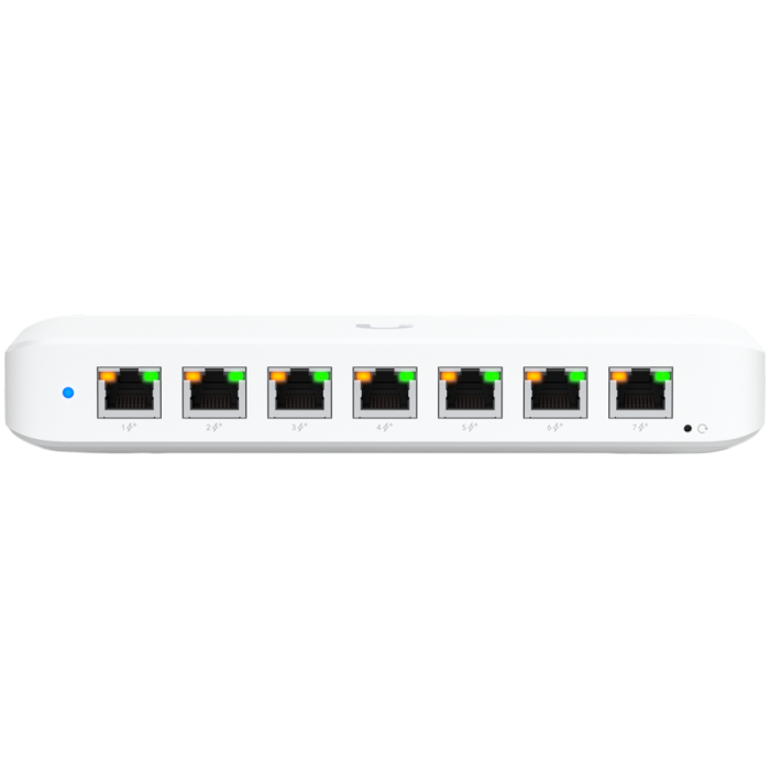 Ubiquiti USW-Ultra-210W-EU compact, Layer 2, 8-port GbE PoE switch with versatile mounting options, 7x GbE PoE+ output ports, GbE port with optional PoE++ input, 202W PoE availability with the included AC power adapter<br>