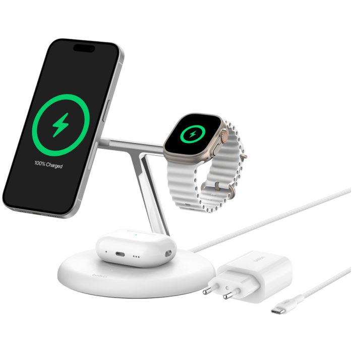 BELKIN PRO 3in1 Qi2 15w Magnetic Adjustable Charging Stand, White<br>