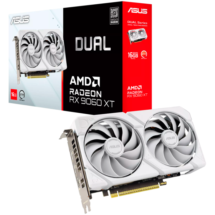 ASUS Video Card AMD Radeon RX 9060 XT White 16GB GDDR6 2220 / 3230 , 2048sp, 32 RT-core, 128 bit, 2.5 slots, 8 pin, HDMI, DisplayPort<br>