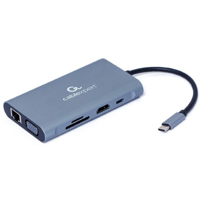 Конвертер Cablexpert USB Type-C 7-in-1 multi-port adapter (Hub3.0,HDMI,VGA,PD,card reader, stereo audio), space greyUSB-C PD (A-CM-COMBO7-01)