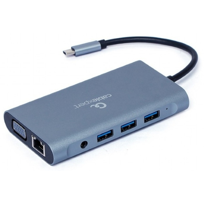 Конвертер Cablexpert USB Type-C 7-in-1 multi-port adapter (Hub3.0,HDMI,VGA,PD,card reader, stereo audio), space greyUSB-C PD (A-CM-COMBO7-01)