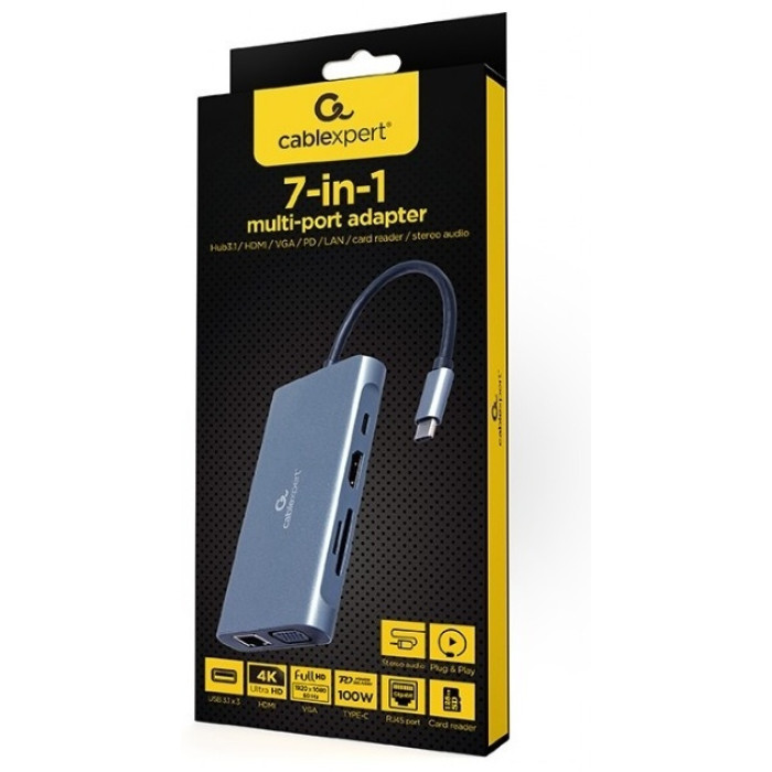 Конвертер Cablexpert USB Type-C 7-in-1 multi-port adapter (Hub3.0,HDMI,VGA,PD,card reader, stereo audio), space greyUSB-C PD (A-CM-COMBO7-01)