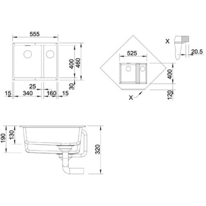 Blanco Subline 340/160-U подстольная 55.5х46х19 см, искусственный гранит, тон черный